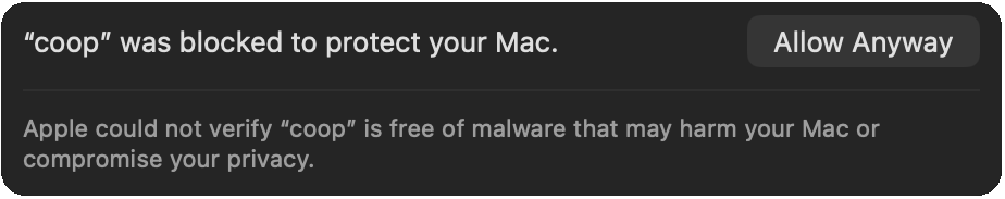 Settings dialog allowing binaries to be exempted from Gatekeeper so they can be run
